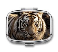 Animal Tiger Pill Box 2 Compartment, Portable Pill Case with Mirror for Pocket Purse Travel, Mini Metal Medicine Organizer for Vitamins Fish Oil