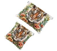 Animal Tiger with a Wreath of Flowers Pattern Pocket Cosmetic Bag, Waterproof Squeeze Makeup Bag No Zipper Self-Closing, Portable Mini Travel Storage for Headphones Jewelry