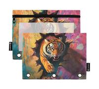 Animal Tigers Breaking Through The Wall Zipper Pencil Pouches 3 Ringing Binder with Clear Window Fabric Pencil case in Assorted Colors 3 Ringing Binder for Office School Supplies Cosmetics