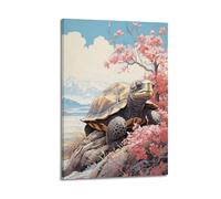 Animal Tortoise on Rock Under Cherry Blossom Tree Poster Modern Wall Art Canvas Aesthetic Decoration Painting 08x12inch(20x30cm) Frame-style