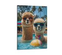 Animal Two Alpacas Wearing Sunglasses in The Swimming Pool Poster Modern Wall Art Canvas Aesthetic Decoration Painting 08x12inch(20x30cm) Frame-style