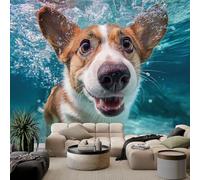 Animal Underwater Smiling Corgi Murals, Aqua Blue Photo Wallpaper for Bedroom Living Room Bathroom Office Dining Room Children's Room 200x140cm Artwork Background Wall Stickers - Custom Size Murals
