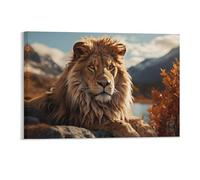 Animal Wall Decor Poster, Lions in Mountains And River Framed Canvas Wall Art for Bathroom Kid's Room, Funny Autumn Artworks, Thanks Giving Gifts, 28x43CM