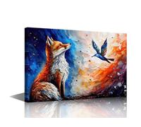 Animal Wallpaper Wall Art Red Fox with a Bird Idea for Children Room Wall Decor for Living Room Decor Canvas Painting Cute animal with Color Splash Home Decor 16"x24"