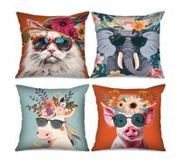 Animal Wearing Sunglass Decor Africa Elephant Throw Pillow Cover Wildlife Cattle with Flowers Pillow Covers 4 Set Cartoon Pig Pillow Cases Cushion Cover Couch Sofa Office Decor Gift(18 x18 Inch)