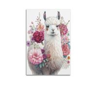 Animal White Alpaca Surrounded by Flowers Poster Modern Wall Art Canvas Aesthetic Decoration Painting 12x18inch(30x45cm) Unframe-style