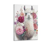 Animal White Alpaca Surrounded by Flowers Poster Modern Wall Art Canvas Aesthetic Decoration Painting 08x12inch(20x30cm) Frame-style