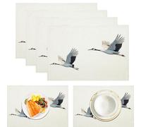 Animal White Crane Placemats Set of 6, Japanese Style Cotton Linen Washable Table Mat, Available Non-slip Heat Resistant Placemats for Kitchen Dinning Restaurant, White Place Mats for Table, 45x30cm