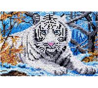 Animal White Tiger DIY Latch Hook Rug Kits with Printed Canvas Floor Mat Crochet Yarn Embroidery Hook and Latch Carpet Tapestry for Home Decoration 60x40cm