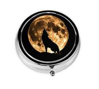Animal Wolf Silhouette Moon Round Pill Box with 3 Compartments, Mini Metal Pill Organizer for Purse or Pocket, Lightweight Portable for Daily Use Gifts Travel