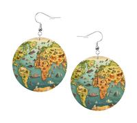 Animal World Map Prints Leather Round Earrings Pendant Stylish And Light Lightweight Dangle For Women Girls, One Size, Leather, No Gemstone