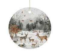 Animals and Trees Double-Sided Ceramic Christmas Ornaments - Round Hanging Mini Xmas Tree Decorations, Ideas for Farmers, Rustic Home Decor for Indoor Outdoor Tree Decor
