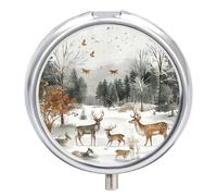 Animals and Trees Pill Box - 3 Compartment Travel Pill Organizer with Small Mirror, Portable Pillcase for Pocket & Purse, Cute Round Medicine Case, Weekly Medicine Container