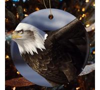 Animals Bald Eagle Ceramic Christmas Ornaments - 4 Pcs Rustic Round Xma Tree Decor with Hanging String, Personalized Vintage Double-Sided Holiday Party Decorations for Xmas Gifts
