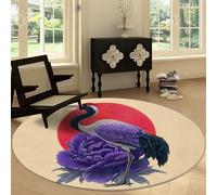 Animals Birds Flowers Peony Sun Washable Round Carpet 120 cm, Japanese Bedroom Circular Non-slip Rug - Print Decor Short Pile Carpet Non-Shedding for Living Room Kitchen Office Playroom