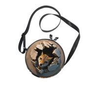 Animals Broken Stone Walls Round Sling Purse Crossbody for Ladies Practical with Adjustable Strap Black Handbag Walk the dog Canvas Messenger Purse