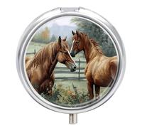 Animals Embroidery Horses Pill Box 3 Compartment Waterproof Pill Container with Mirror Metal Medicine Box Organizer Portable Vitamin Case for Pocket & Purse Travel - Round
