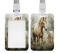 Animals Embroidery Paintings Horses Badge Holder ID Badge Card Holder Wallet Case Sturdy Lanyard Badge Protector Vertical Plastic Card Case Protector Pouch with Clear Window ID Holder