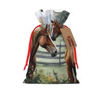 Animals Embroidery Paintings Horses Christmas Gift Bags with Tags & Ribbon Ties, Xmas Drawstring Candy Treat Bag Christmas Gifts Sacks Reusable Gift Wrapping Bags for Holiday Party Favors Small