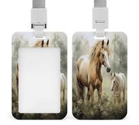 Animals Embroidery Paintings Horses ID Badge Holder with Lanyard Vertical Plastic Card Case Protector Pouch with Clear Window Detachable Name Tag Clips for Nurse Doctor Teacher Office Use
