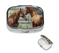 Animals Embroidery Paintings Horses Pill Box 2 Compartment Square Portable Pill Case for Pocket or Purse Small Weekly Medicine Planner Travel Pillbox with Mirror Decorative Metal Vitamin Holder Gifts