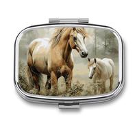 Animals Embroidery Paintings Horses Pill Box,2 Compartments Square Pills Container,Portable for Pocket Or Purse Pill Organizer to Hold Vitamins,Medication,Fish Oil,etc