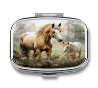 Animals Embroidery Paintings Horses Pill Case Portable Medicine Organizer Compact Travel Pill Box Small Metal Medicine Box for Purse Pocket Pill Container Holder 2 Compartments Medication Holder