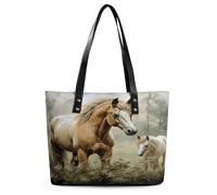 Animals Embroidery Paintings Horses Tote Bag for Women Large Soft Shoulder Bag with Zipper Leather Handbag Purse Stylish Cute Hobo Bags