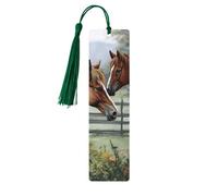 Animals Embroidery Paintings Horses Wooden Bookmarks 5 Pcs,Handmade Double-Sided Printed Book Marks Page Markers with Dark Green Tassels Book Accessories Gift for Book Lovers Women Men