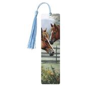 Animals Embroidery Paintings Horses Wooden Bookmarks 5 Pcs,Handmade Double-Sided Printed Book Marks Page Markers with Sky Blue Tassels Book Accessories Gift for Book Lovers Women Men