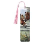 Animals Embroidery Paintings Horses Wooden Bookmarks 5 Pcs,Handmade Double-Sided Printed Book Marks Page Markers with Pink Tassels Book Accessories Gift for Book Lovers Women Men