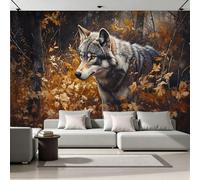Animals Forest Photo Wallpaper for Bedroom Wolves Autumn 3D Small Wall Mural, Removable Peel and Stick Self-Adhesive Wall Decal for Boys Girls Living Room Office Decor 99"x 69" 13U1-36