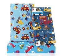Animals Giraffe Elephant Lion Hippo Bear In Fire Trucks Crane Police Car Ambulance Boat Birthday Wrapping Paper For Kids Boys Men, 6 Sheets Folded Flat 50x70cm Per Sheet