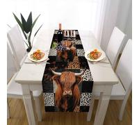 Animals Highland Cattle Table Runner Wrinkle Resistant Patchwork Plaid Tablecloth Country Cow Wedding Table Decor, Home Decor Party Mats for Everyday Dining Room Decorations 30x240 cm