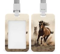 Animals Horse Running ID Badge Holder with Lanyard Vertical Badge Reel Clip Durable Clear Window Name Tag ABS Plastic Push-Pull Design ID Card Holder for Office, Nurses, Employees