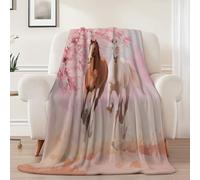 Animals Horses Flowers Printed Fleece Throw Blanket for Adult Children, Pink Bed Blanket, Soft Warm Flannel Throws Bedding for Bed Couch, 127 x 152 cm