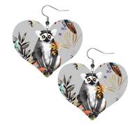Animals Lemur Flowers Pattern Leather Earrings for Women Heart Dangle Earrings Lightweight Drop Earring Jewelry Gift