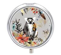 Animals Lemur Flowers Pattern Pill Organizer 3 Compartment Travel Pillbox with Mirror Daily Medicine Pill Case Metal Pill Box for Purse & Pocket Portable Small Medicine Box Round Vitamin Case Containe