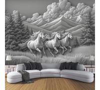 Animals Mountains Trees Wallpaper, Galloping Horses Wallpaper for Room Decoration, Grey Wall Murals Art Decor, for Living Room Tv Background Bedroom - 300 x 210 cm