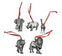 Animals of Serengeti Pewter Holiday Ornament (Pack of 5) Heavy Duty Wildlife Safari Animal Christmas Novelty Ornaments (Elephant, Giraffe, Lion, Rhinoceros, Tiger)
