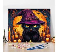 Animals Paint by Number Cat in Witch Hat with Burning Candles Against Full Moon Paint by Numbers Kit for Adults with Brushes and Pigment for Home Wall Decoration, 16x20 Inch
