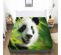 Animals Pandas Leaves Printed Fitted Sheet for Super King Bedding, Microfiber Moss Green Fitted Bed Sheets Soft Breathable Fade Resistant - Deep Pocket 30 cm No Pillowcases
