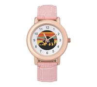 Animals Rhino Sunset Vintage Women's PU Leather Strap Watch Analog Quartz Watch Casual Wristwatch for Home Work