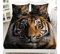 Animals Tiger Close-Up 4Ft Small Double Fitted Bed Sheet - Hotel Luxury Breathable Fitted Sheet Deep Pocket 12 inch Brown Soft & Comfy Brushed Bed Sheet with 2 Pillowcases for Kids