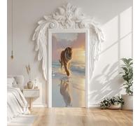 Animals Tiger Ocean Wave Sea Door Sticker 86x200 cm, Beach Sunshine Nature Landscape Door Wallpaper, Self-Adhesive Decals Waterproof PVC Stickers for Bedroom Office Decor