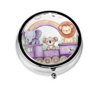 Animals Train Elephant Koala Lion Round Pill Box with 3 Compartments, Mini Metal Pill Organizer for Purse or Pocket, Lightweight Portable for Daily Use Gifts Travel