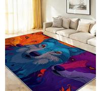 Animals Washable Rugs Living Room 80 x 150 cm, Blue Orange Low Pile Boho Area Rugs for Living Room Fantasy Blue Wolf & Orange-Purple Fox Print Design, Non-Slip Soft Modern Floor Carpet Lounge Room