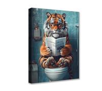 Animals Wearing Glasses Sit on Toilet Canvas Wall Art Tiger Read Newspaper Picture 1P Posters Prints Cute Modern Artwork for Living Room Bedroom Home Decor Framed Gallery-Wrapped Ready to Hang