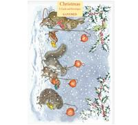 Animals with Chinese lanterns carrying presents, Molly Brett Christmas Cards, A6 Size, Pack of 5, White Envelopes, 149mm x 105mm, Traditional Greeting