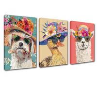 Animals with Straw Hat Canvas Wall Art for Living Room Decor 3 Pieces Dog Duck Alpaca Wear Sunglass Wall Decor Artwork Lovely Animals Flowers Paintings Home Room Wall Pictures Framed 42''Wx20''H